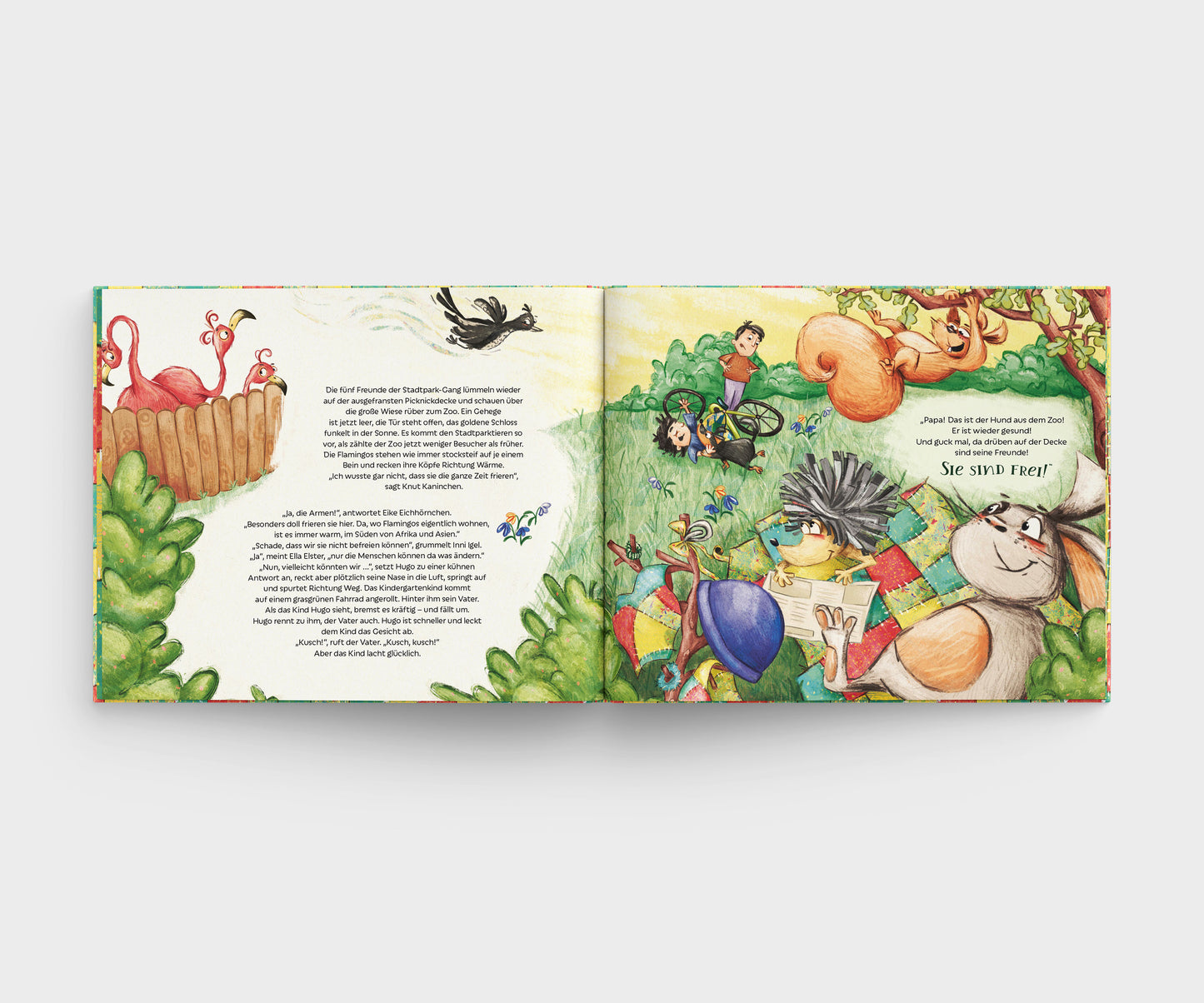 Doppelseite aus dem Kinderbuch Zapp Zarapp im Zoo: Links stehen drei rosa Flamingos hinter einem Holzzaun, während eine schwarze Krähe vorbeifliegt. In der Mitte eine Wiese mit grünem Gebüsch, bunten Blumen und einem Jungen, der vom Fahrrad gefallen ist. Rechts sitzt ein Igel auf einer bunten Decke und liest ein Buch, daneben ein Kaninchen. Ein rotes Eichhörnchen baumelt an einem Ast von einem Baum.