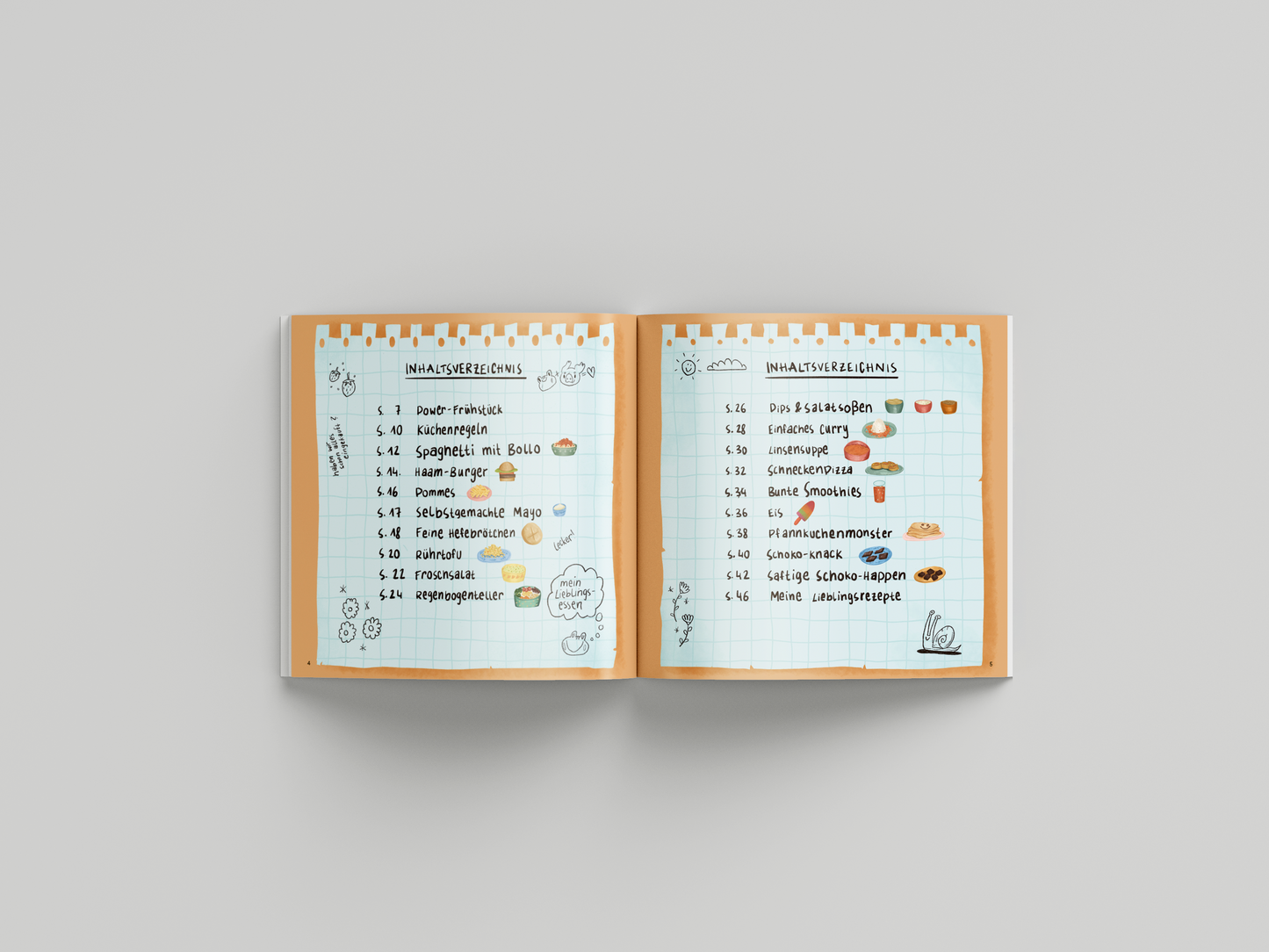 Inhaltsverzeichnis des veganen Kinderkochbuchs Besuch für Friedel und Flupsi. Zwei aufgeschlagene Seiten mit handschriftlicher Rezeptübersicht auf kariertem Papier. Es finden sich z.B diese Rezepte: Spaghetti mit Bolo, Haaam-Burger und Pommes, oder Schocko-Knack und saftige Schoko-Happen. Kleine bunte Illustrationen von Lebensmitteln und verspielte Kritzeleien schmücken die Seiten.