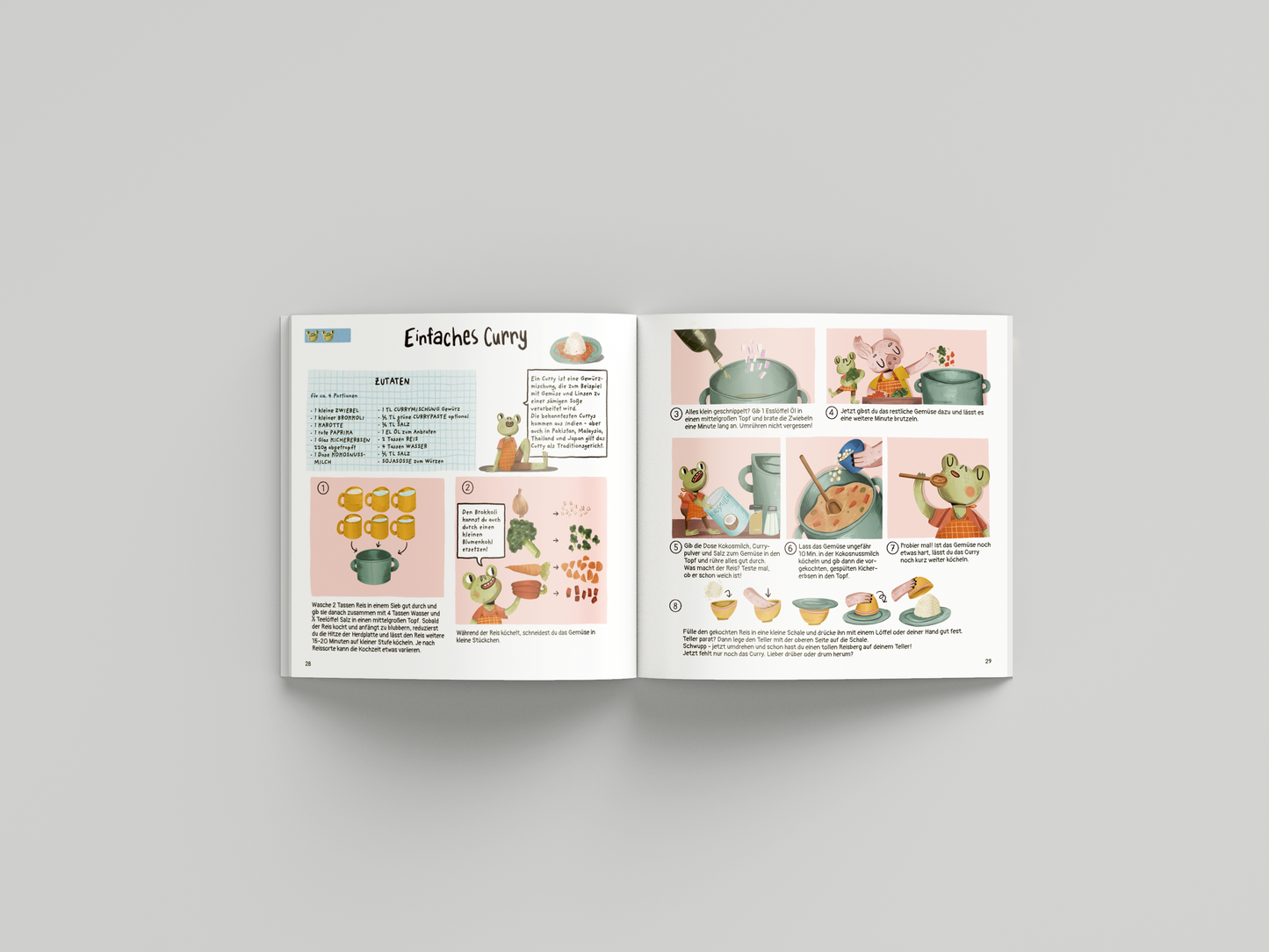 Doppelseitige Rezeptseite aus dem veganen Kinderkochbuch mit dem Titel Einfaches Curry. Links eine übersichtliche Zutatenliste mit handgezeichneten Illustrationen von Gemüse, Gewürzen und Kochutensilien. Ein Frosch erklärt spielerisch die Zubereitung. Rechts eine Schritt-für-Schritt-Anleitung in Comicstil mit niedlichen Tierfiguren, die das Rezept nachkochen. Jede Szene zeigt einen neuen Kochschritt mit kurzen Erklärtexten. Farbenfrohes, kindgerechtes Design mit liebevollen Details.