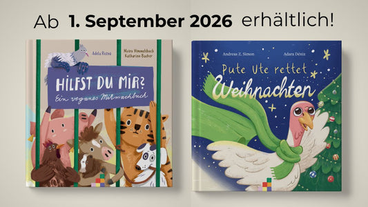 Zwei vegane Kinderbücher Cover: 1.) Hilfst du mir?-ein veganes Mitmachbuch und Pute Ute rettet Weihnachten".