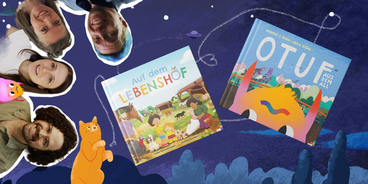 Vier Personen am Bildrand und zwei Cover von neuen Büchern