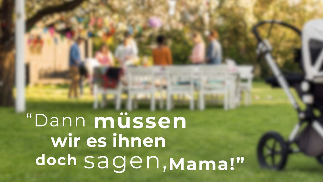 Menschen sitzen gemeinsam im Garten an einem langen Tisch, rechts steht ein Kinderwagen. Darüber der Satz: ‚Dann müssen wir es ihnen doch sagen, Mama!‘ – ein Beitrag über vegane Kinder im nicht-veganen Umfeld.