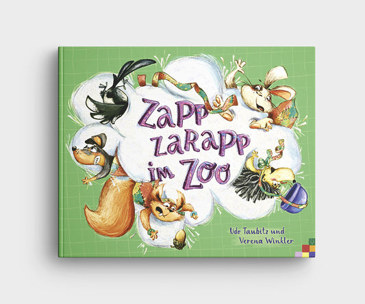 Buchcover des Kinderbuchs Zapp Zarapp im Zoo von Ude Taubitz und Verena Winkler. Der Hintergrund ist grün kariert, in der Mitte eine große weiße Wolke mit dem Buchtitel in lila, verspielter Schrift. Rund um die Wolke springen verschiedene Tiere: Ein Eichhörnchen, eine Krähe, ein Kaninchen mit Schal, ein Hund und ein Igel. Die Illustration ist farbenfroh und wild.