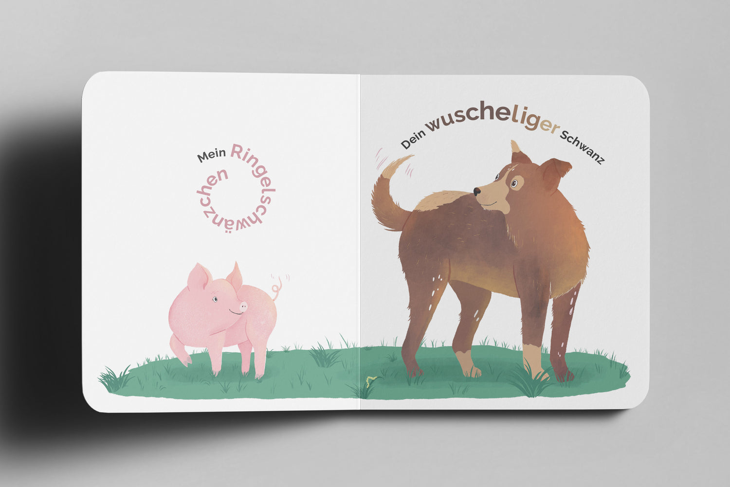 Doppelseite eines Kinderbuchs zeigt ein fröhliches rosa Schwein mit einem kleinen, eingerollten Ringelschwänzchen auf einer grünen Wiese, der Hintergrund ist weiß. Daneben steht ein brauner Hund, der sich über die Schulter nach seinem buschigen Schwanz umschaut. Der Text auf der Seite lautet: Mein Ringelschwänzchen – Dein wuscheliger Schwanz.