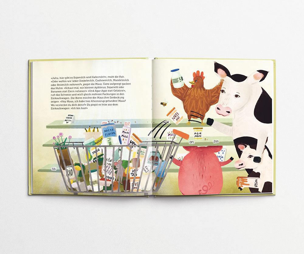 Tiere stehen vor einem Einkaufsregal und füllen ihren Wagen mit veganen Zutaten.