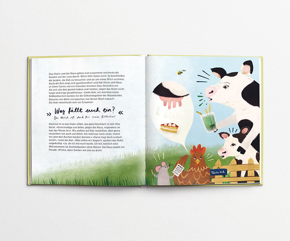 Kuh schaut entsetzt, als das Huhn nach ihrer Milch fragt.