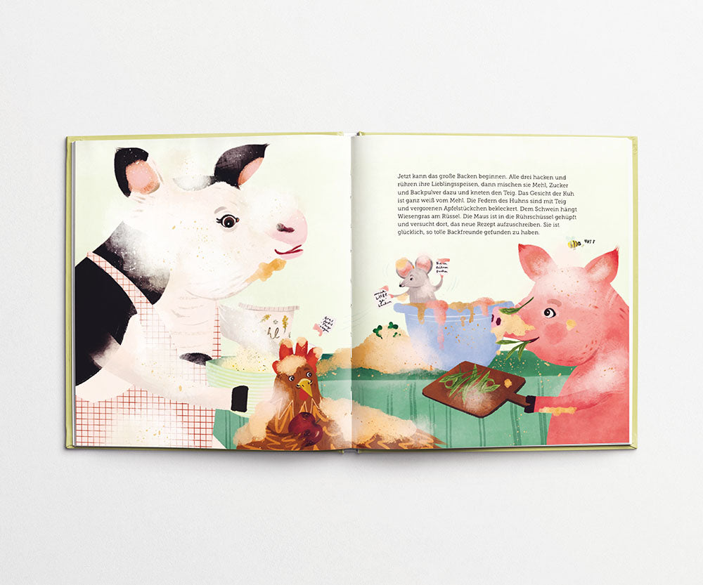 Illustration von Kuh, Huhn, Maus und Schwein, die gemeinsam in der Küche backen und Teig rühren.
