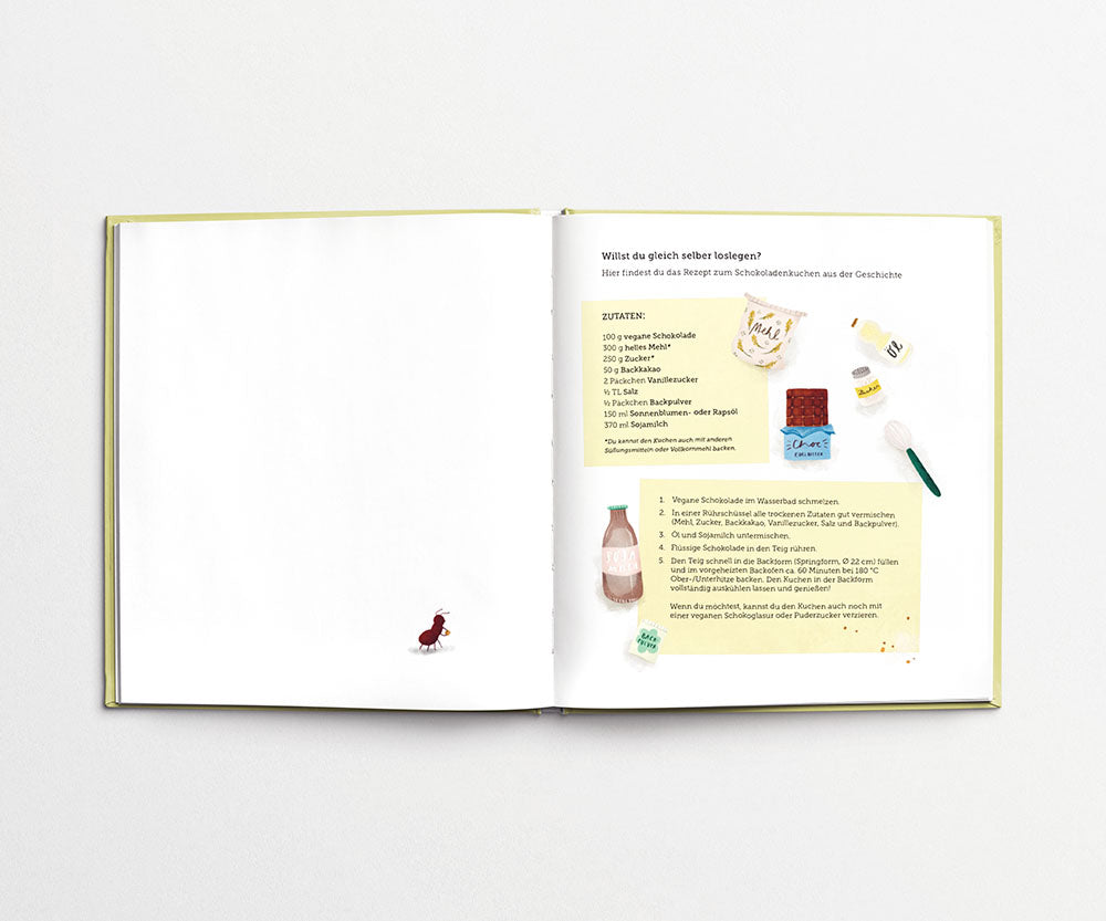 Rezeptseite mit veganen Zutaten und kleinen gezeichneten Lebensmitteln für einen Schokoladenkuchen.