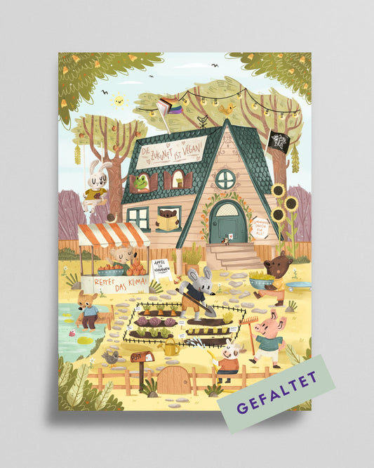 Illustration eines veganen Gemeinschaftshauses inmitten einer grünen Landschaft. Ein großes Schild auf dem Dach trägt die Botschaft 'Die Zukunft ist vegan!'. Vor dem Haus gibt es einen Garten mit Gemüsebeeten, in denen eine Maus, ein Schwein und eine Kuh arbeiten. Daneben verkauft eine weitere Maus an einem Marktstand Äpfel mit dem Schild 'Äpfel zu verschenken', während ein anderes Schild 'Rettet das Klima!' fordert. Im Bild sind nachhaltige und inklusive Symbole, wie z.B. eine Regenbogenflagge.