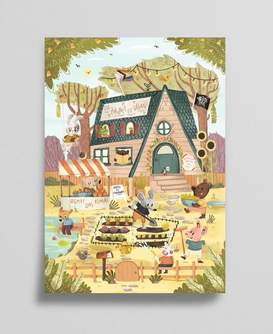 Illustration eines veganen Gemeinschaftshauses inmitten einer grünen Landschaft. Ein großes Schild auf dem Dach trägt die Botschaft 'Die Zukunft ist vegan!'. Vor dem Haus gibt es einen Garten mit Gemüsebeeten, in denen eine Maus, ein Schwein und eine Kuh arbeiten. Daneben verkauft eine weitere Maus an einem Marktstand Äpfel mit dem Schild 'Äpfel zu verschenken', während ein anderes Schild 'Rettet das Klima!' fordert. Im Bild sind nachhaltige und inklusive Symbole, wie z.B. eine Regenbogenflagge.